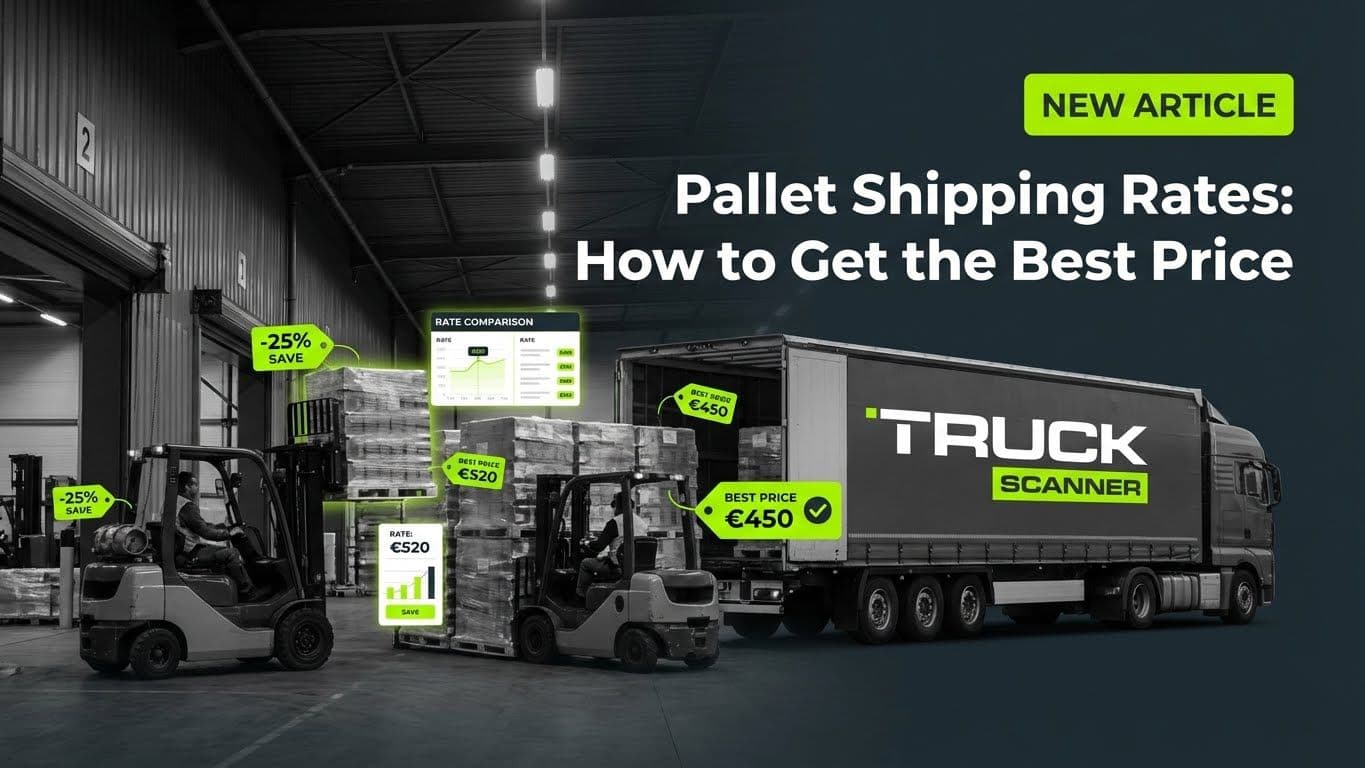 Palletised goods being loaded onto truck with shipping rate comparison