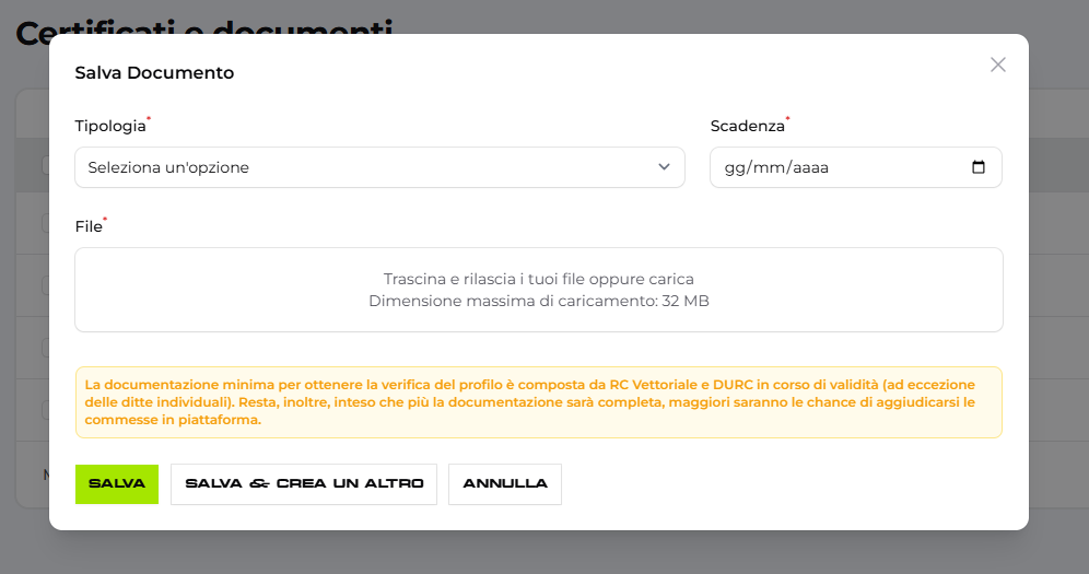 Inserimento certificati e documenti su Truckscanner