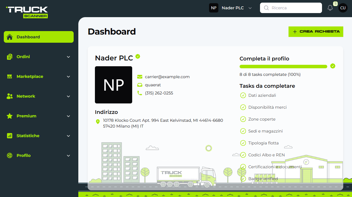 Vettore verificato e profilo completato su Truckscanner