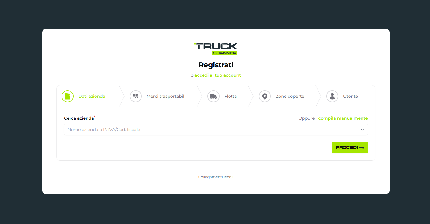 Cerca azienda su Truckscanner per ricavare i dati pubblici