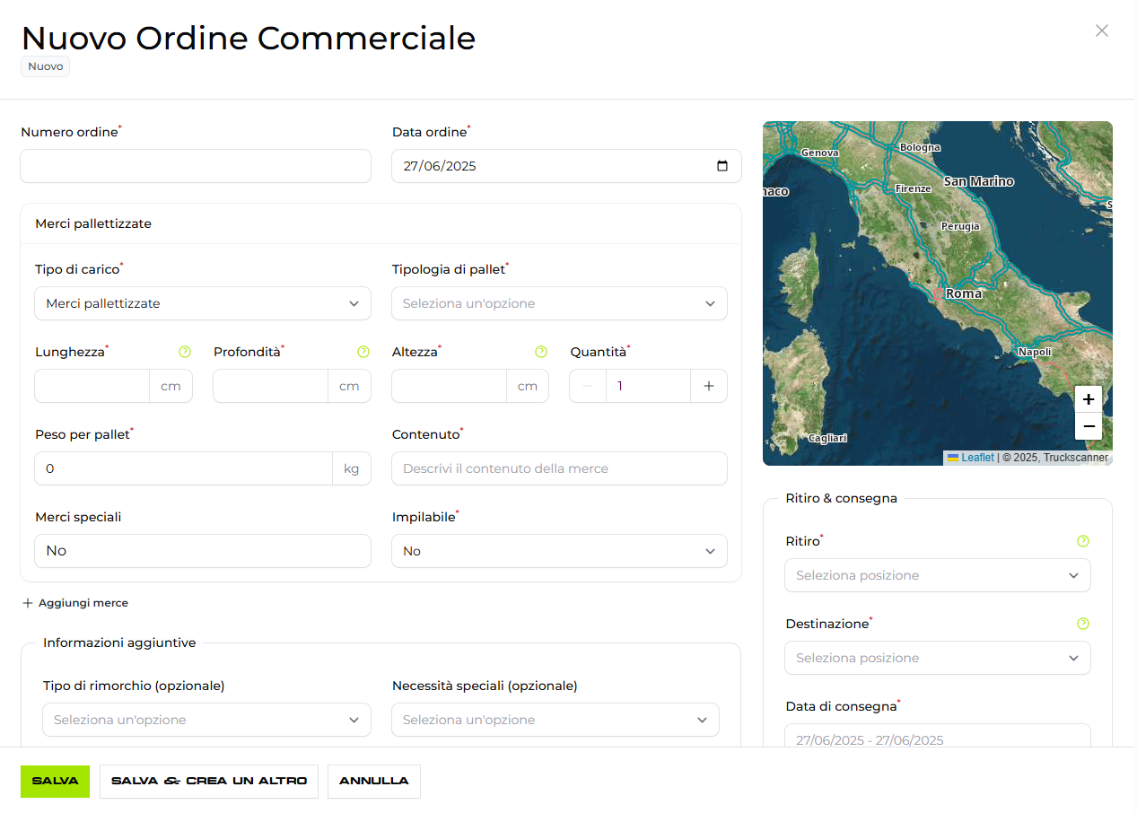 Creazione manuale di un nuovo ordine commerciale su Truckscanner
