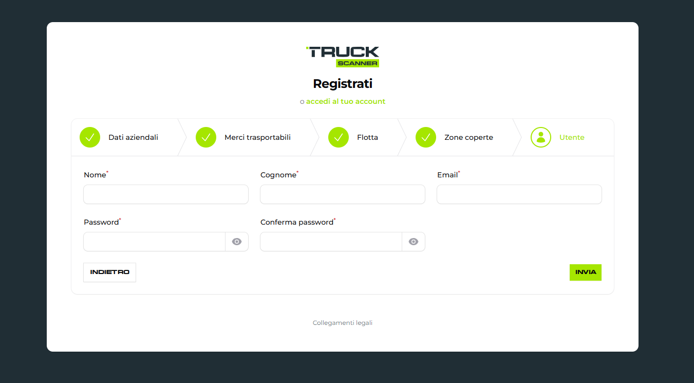Conferma utente e password su Truckscanner