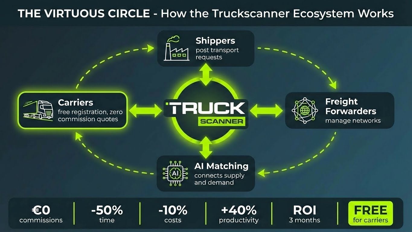 Schema circolare dell'ecosistema Truckscanner: committenti, vettori, spedizionieri e AI matching connessi alla piattaforma centrale, zero commissioni
