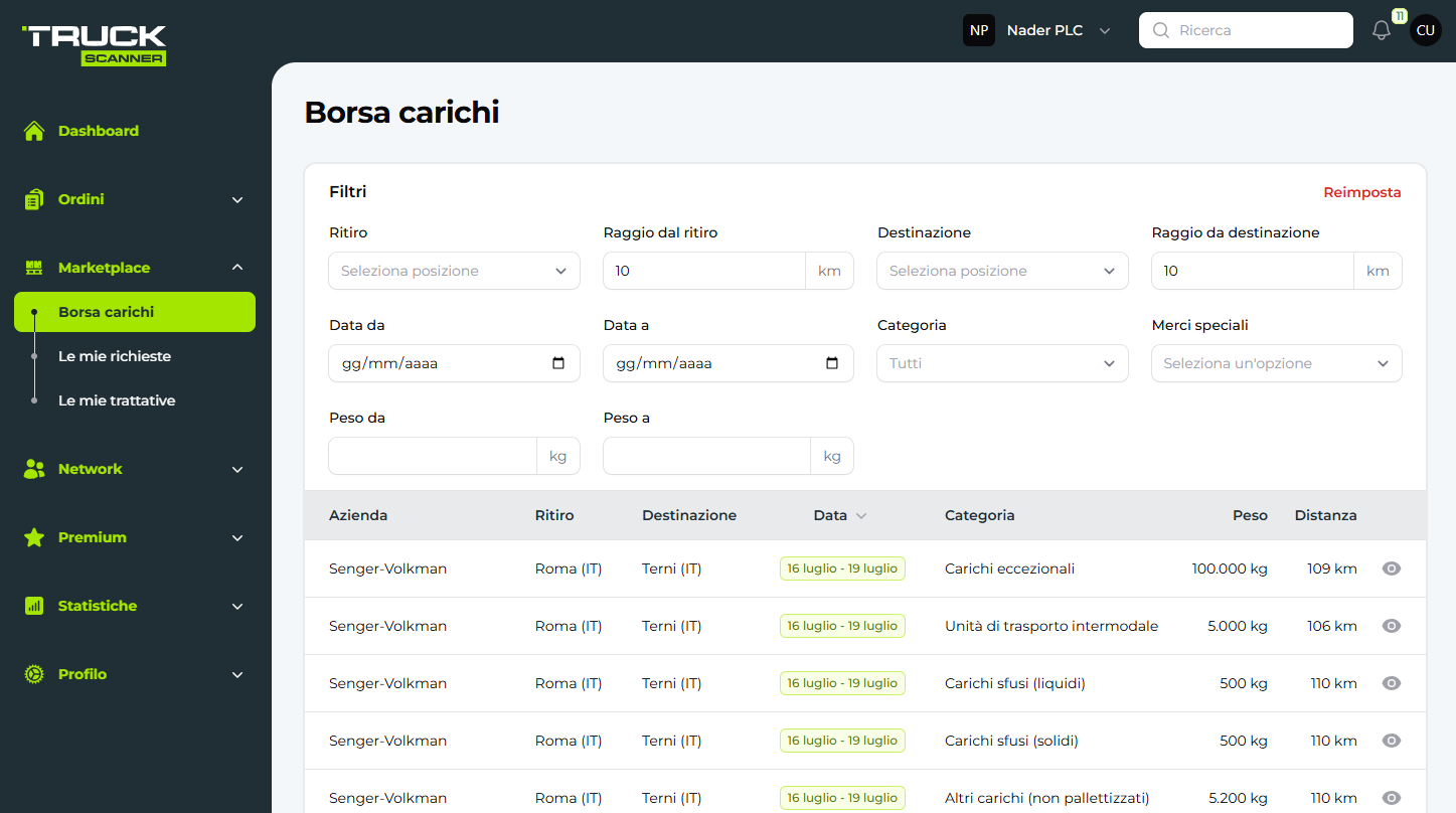 Borsa carichi di Truckscanner, gratis e online