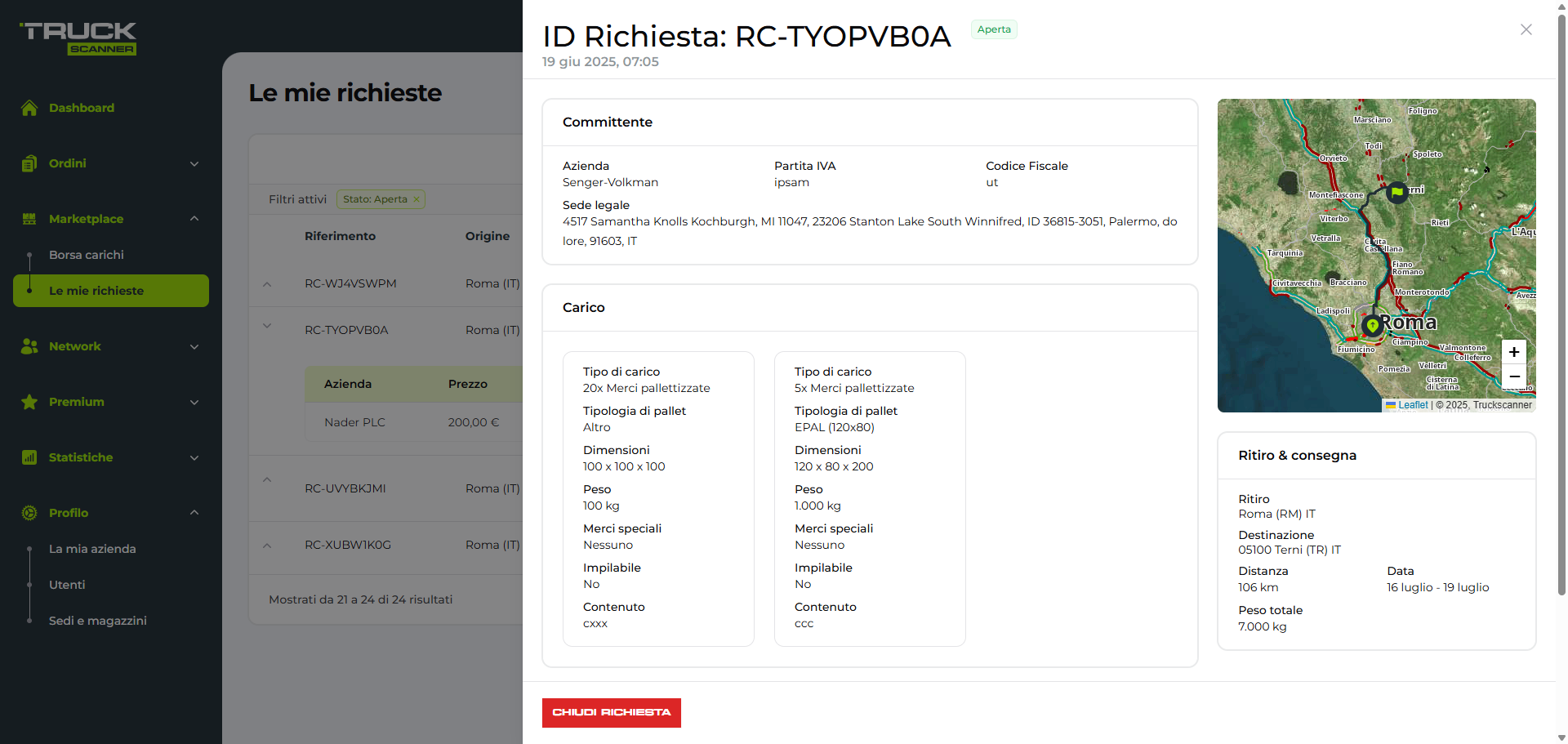 Dettagli Le mie richieste su app Truckscanner