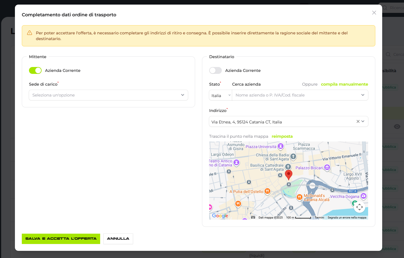Accettazione Offerta e inserimento dati utili su Truckscanner