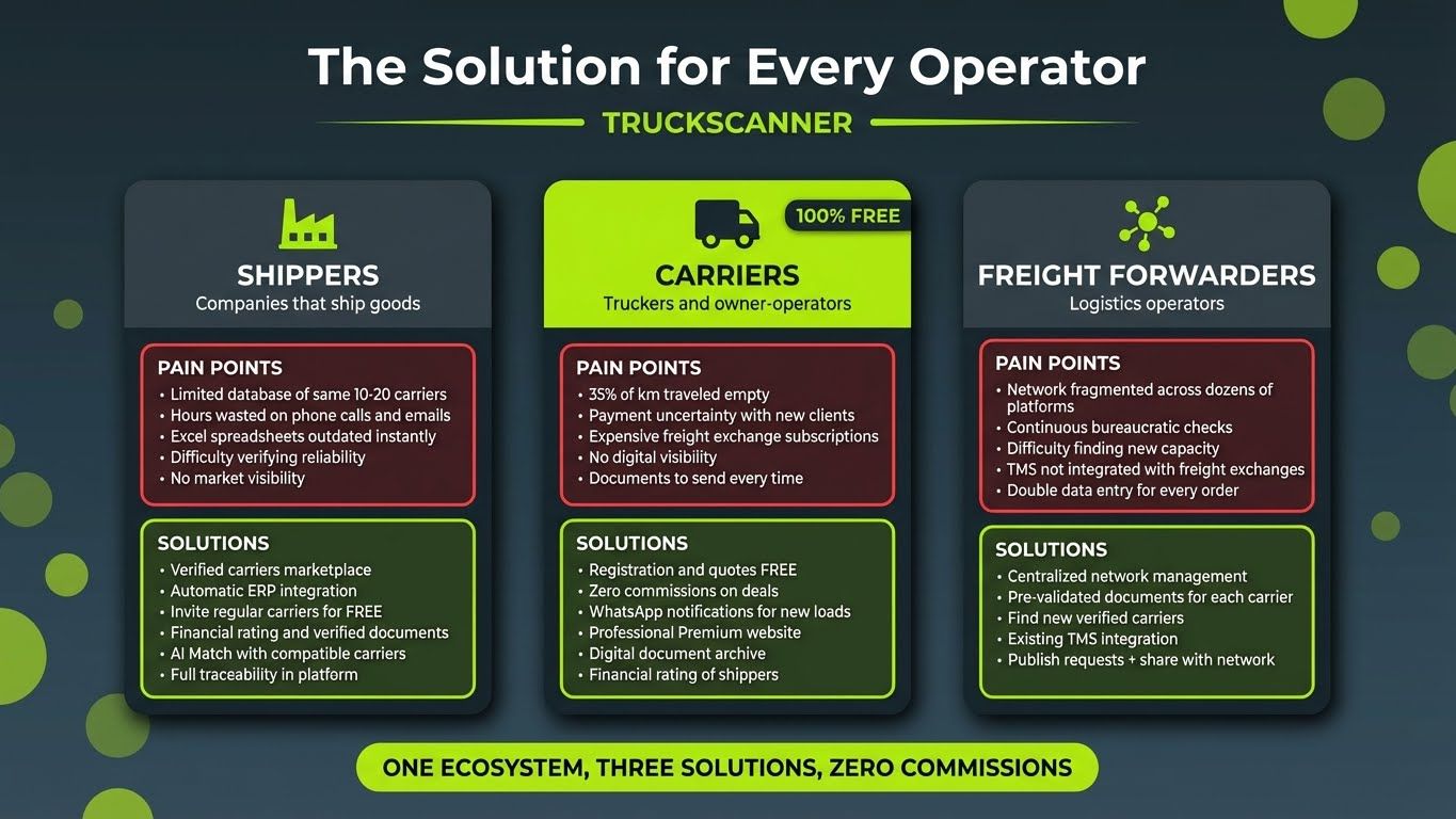 Confronto pain points e soluzioni Truckscanner per committenti, vettori e spedizionieri: problemi in rosso, soluzioni in verde, vettori gratis