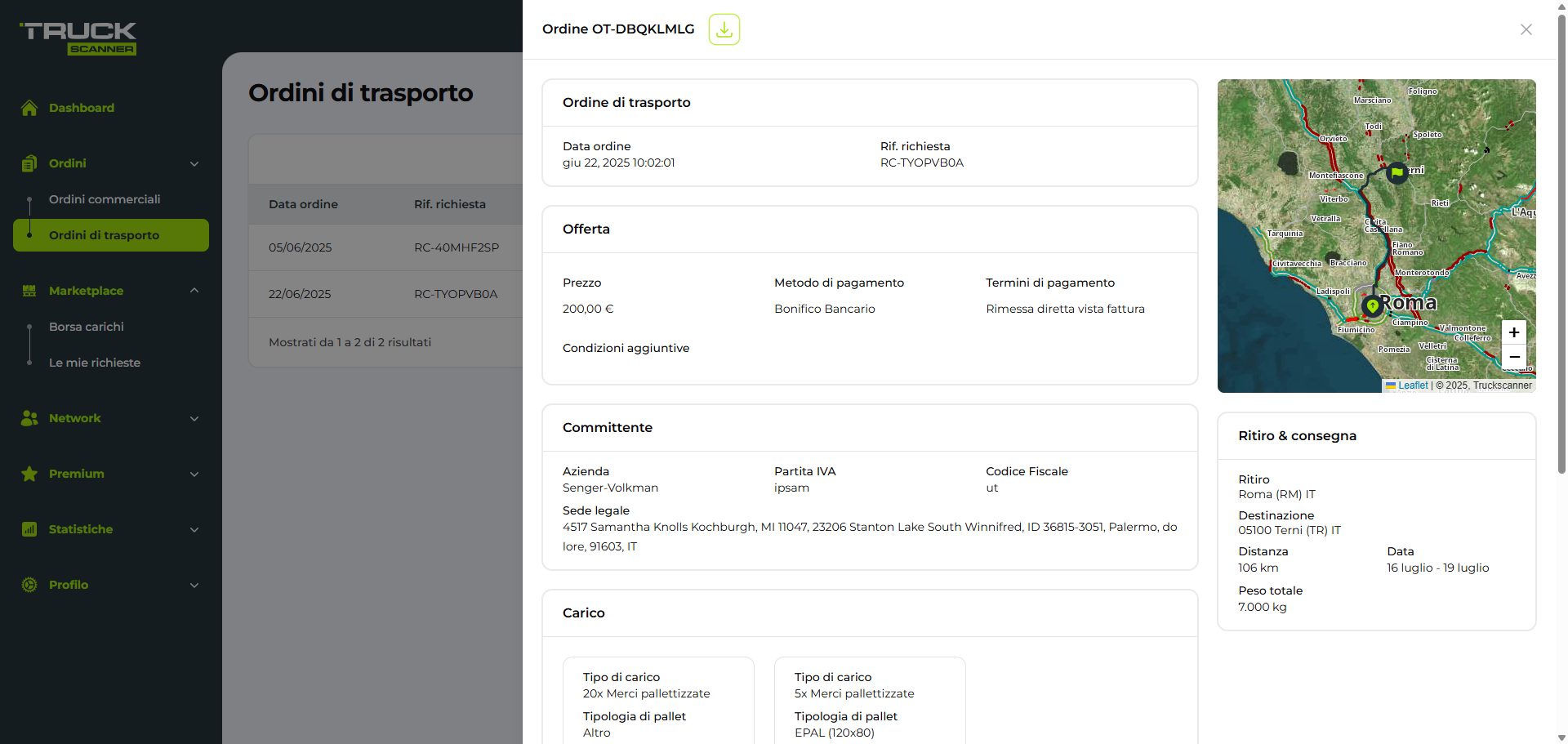 Dettagli ordine di trasporto su Truckscanner