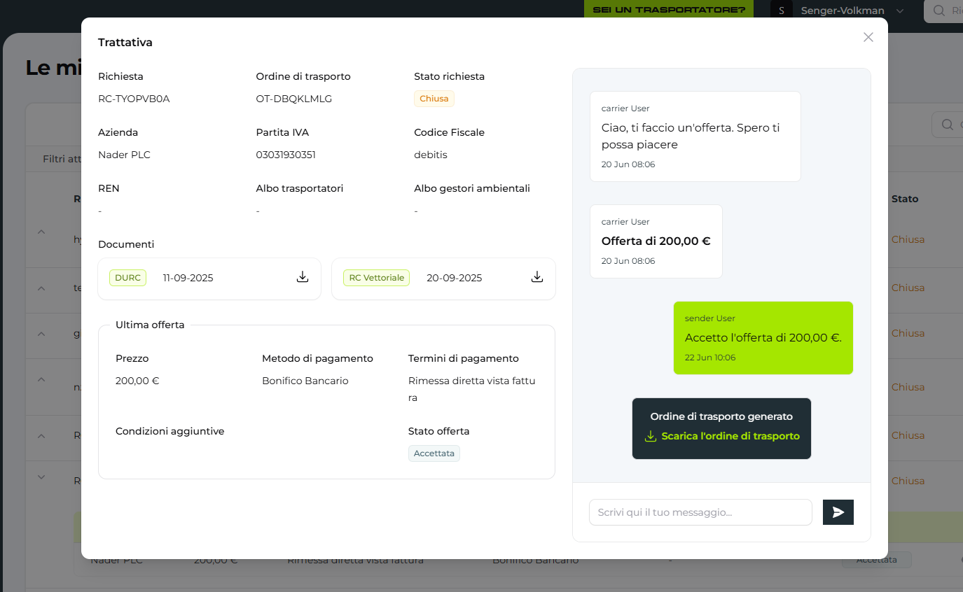 Ordine di trasporto generato su Truckscanner